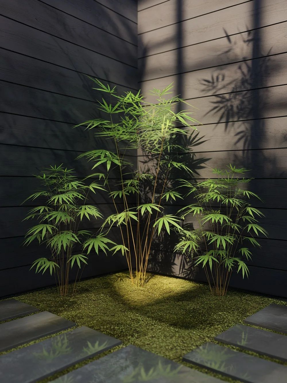 A small bamboo grove in a minimalist garden setting.