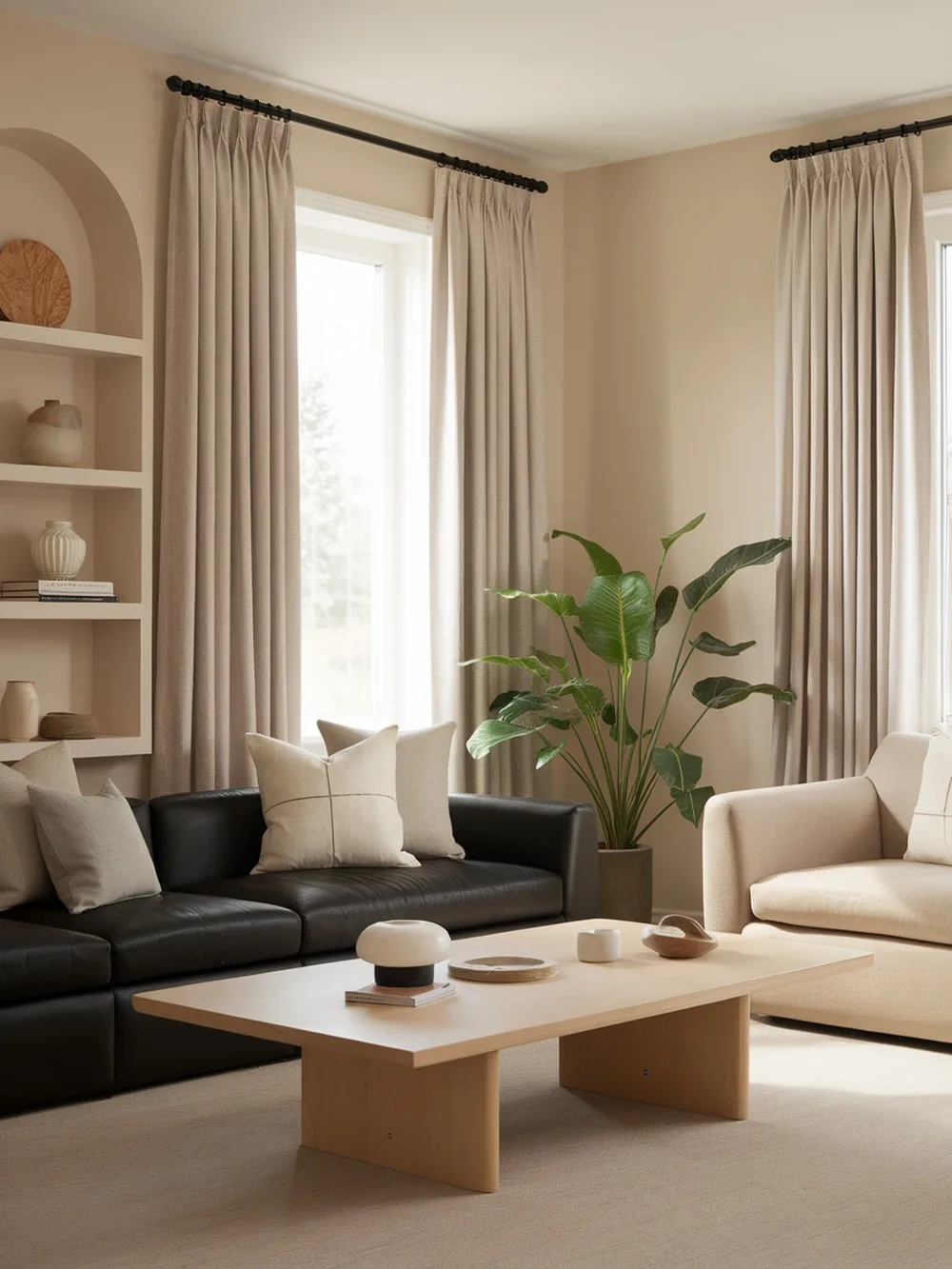 A stylish living room featuring a black couch, neutral walls, and a modern coffee table.