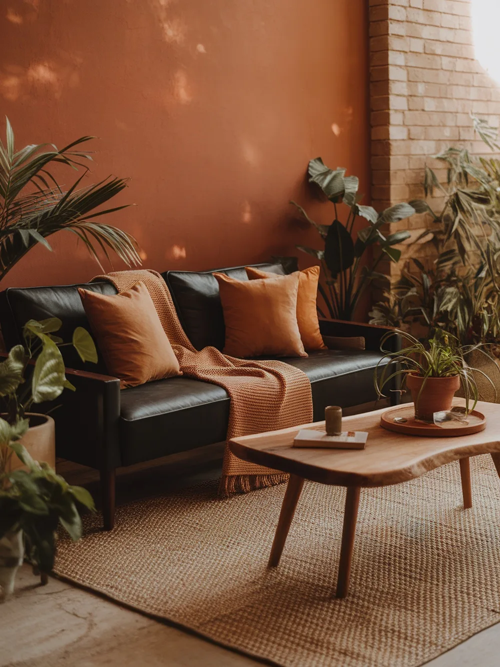 Living room featuring a black couch with earthy tones, rust-colored pillows, and a terracotta wall.
