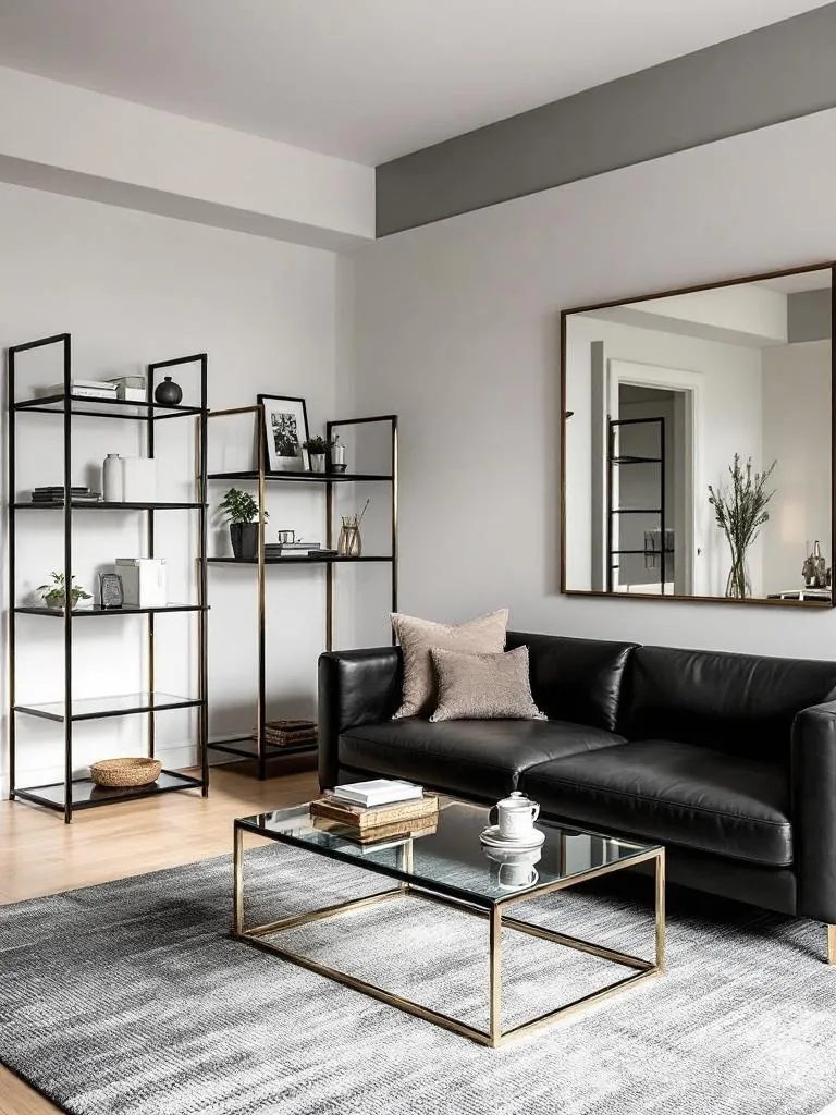 A modern living room featuring a black couch, glass coffee table, and metal elements.