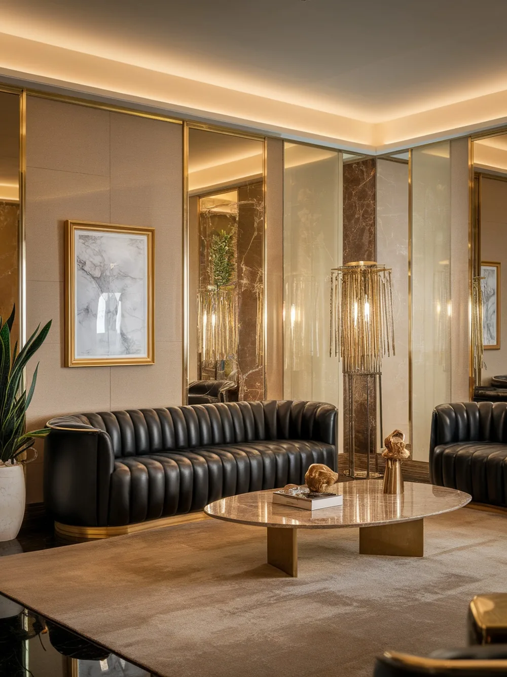 A stylish living room featuring a black couch with gold accents, a round coffee table, and elegant lighting.