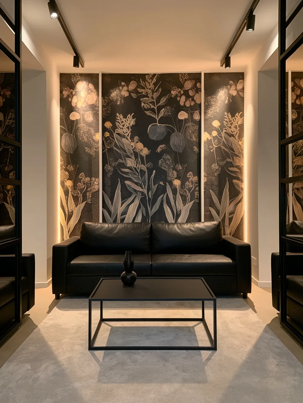A modern living room featuring a black couch and a floral statement wall.