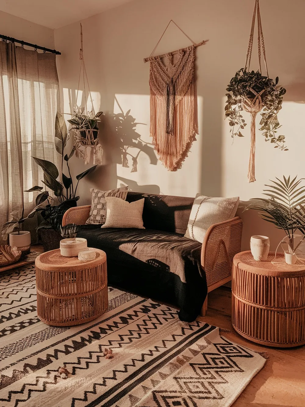 A cozy living room featuring a black couch, rattan tables, plants, and boho decor.