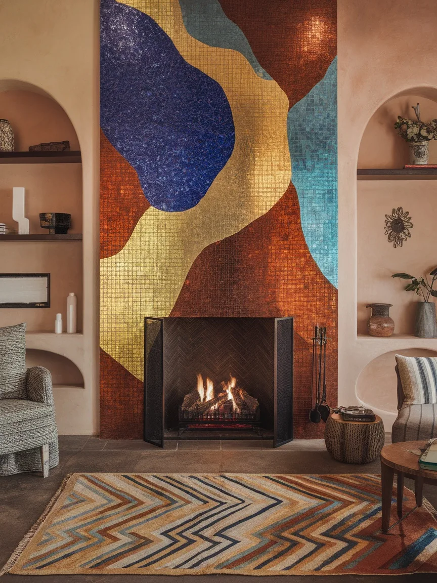 Colorful mosaic design on a fireplace accent wall