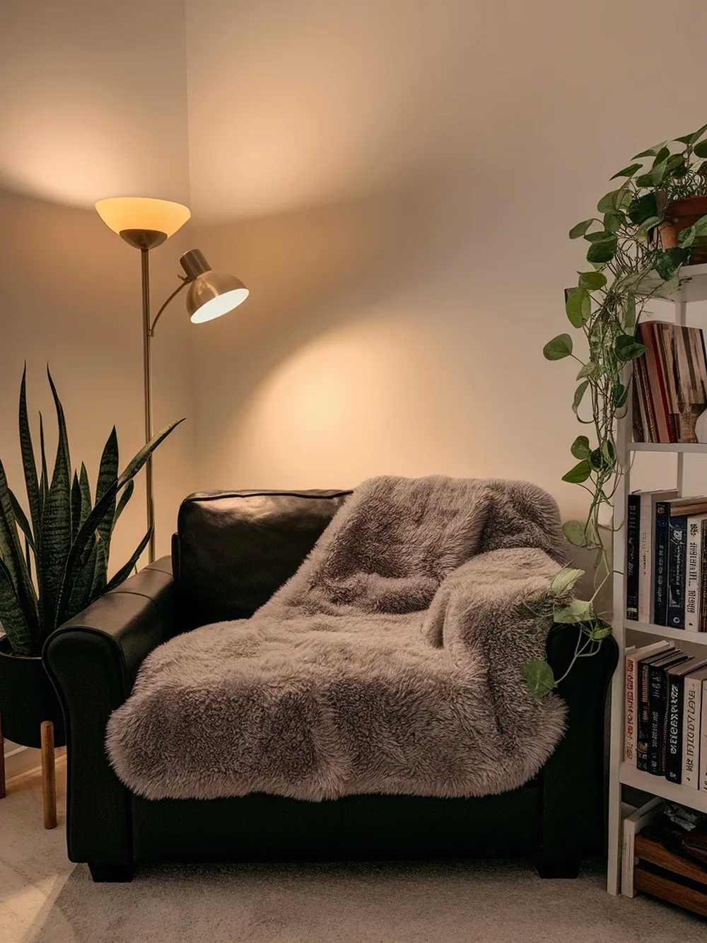 Cozy corner setup with a black couch, fluffy blanket, floor lamp, and plants.