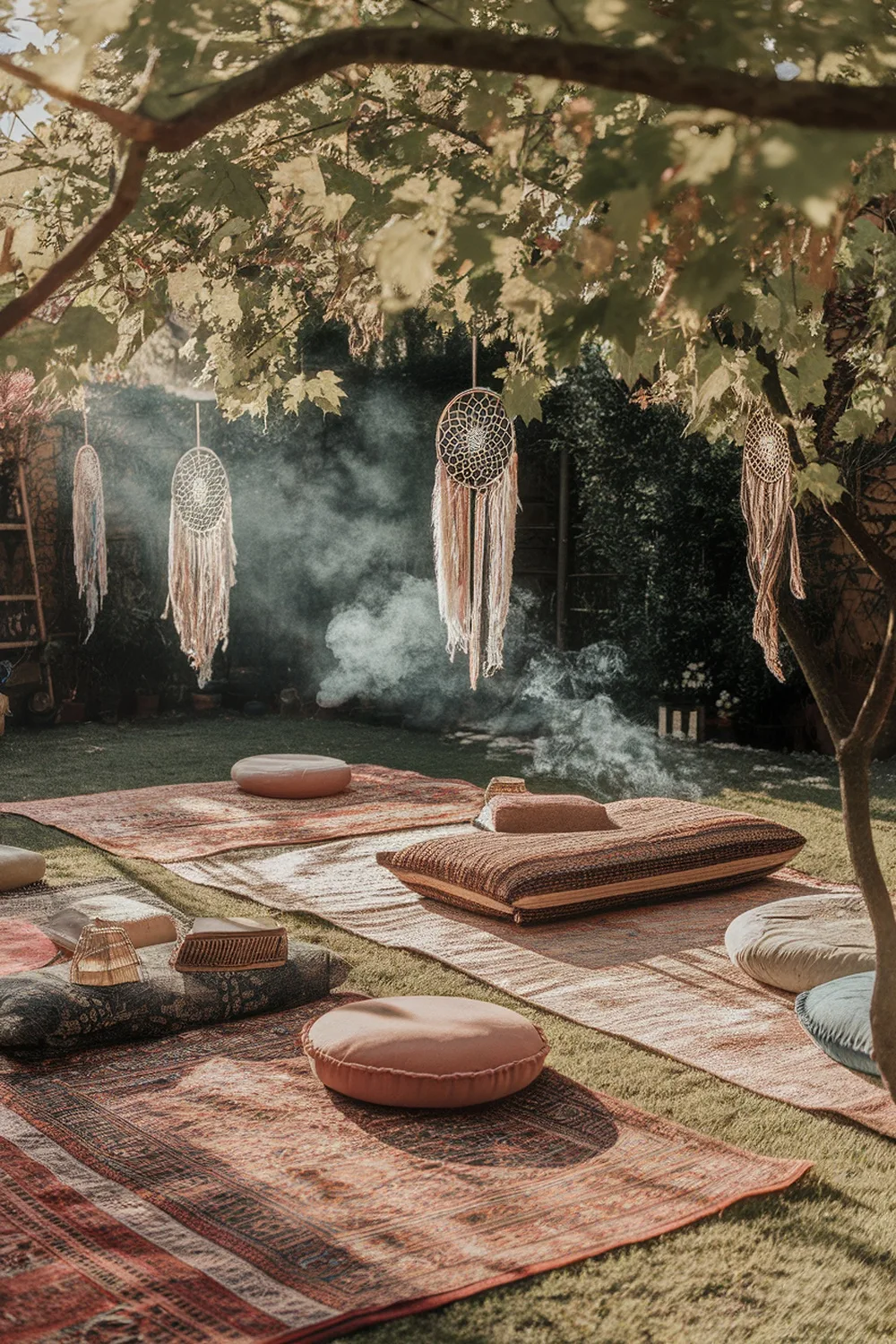 A serene garden meditation spot with pillows, rugs, and dreamcatchers.