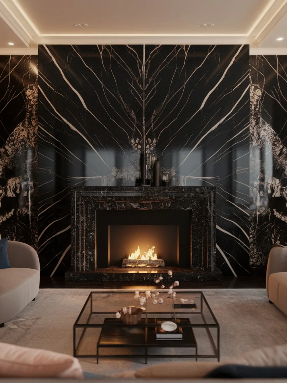 A stylish living room featuring a dark marble fireplace accent wall.