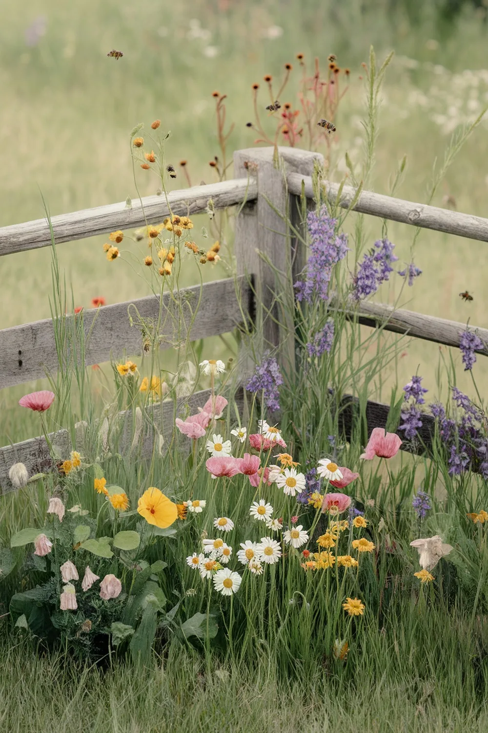 A colorful wildflower meadow with daisies, poppies, and other blooms near a wooden fence.