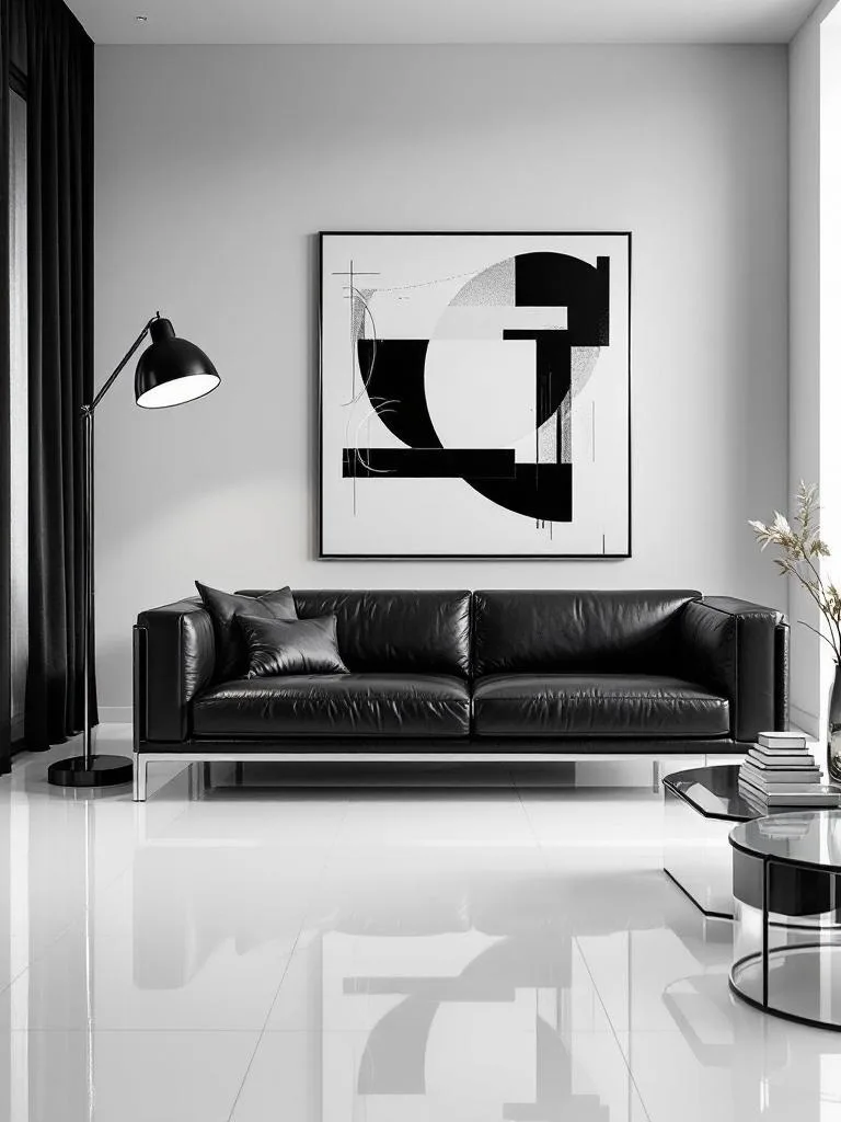 A stylish black couch in a modern living room with a glass coffee table and chrome arc lamp.