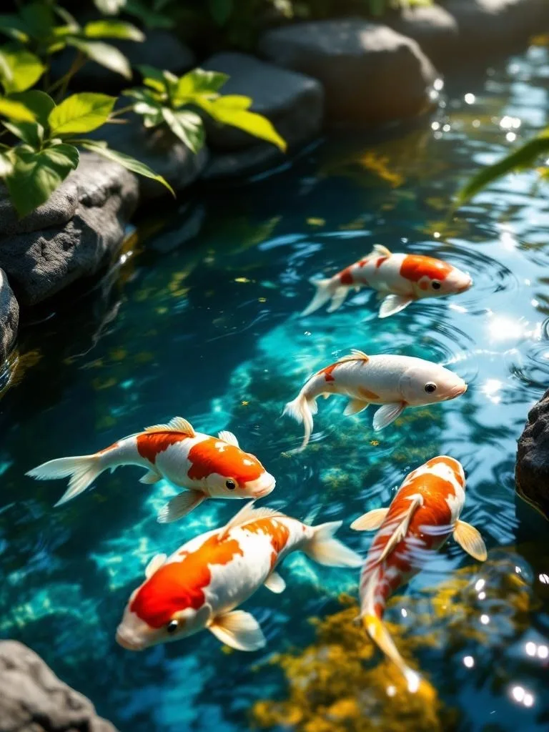 A serene mini koi pond with colorful koi fish and smooth stones.