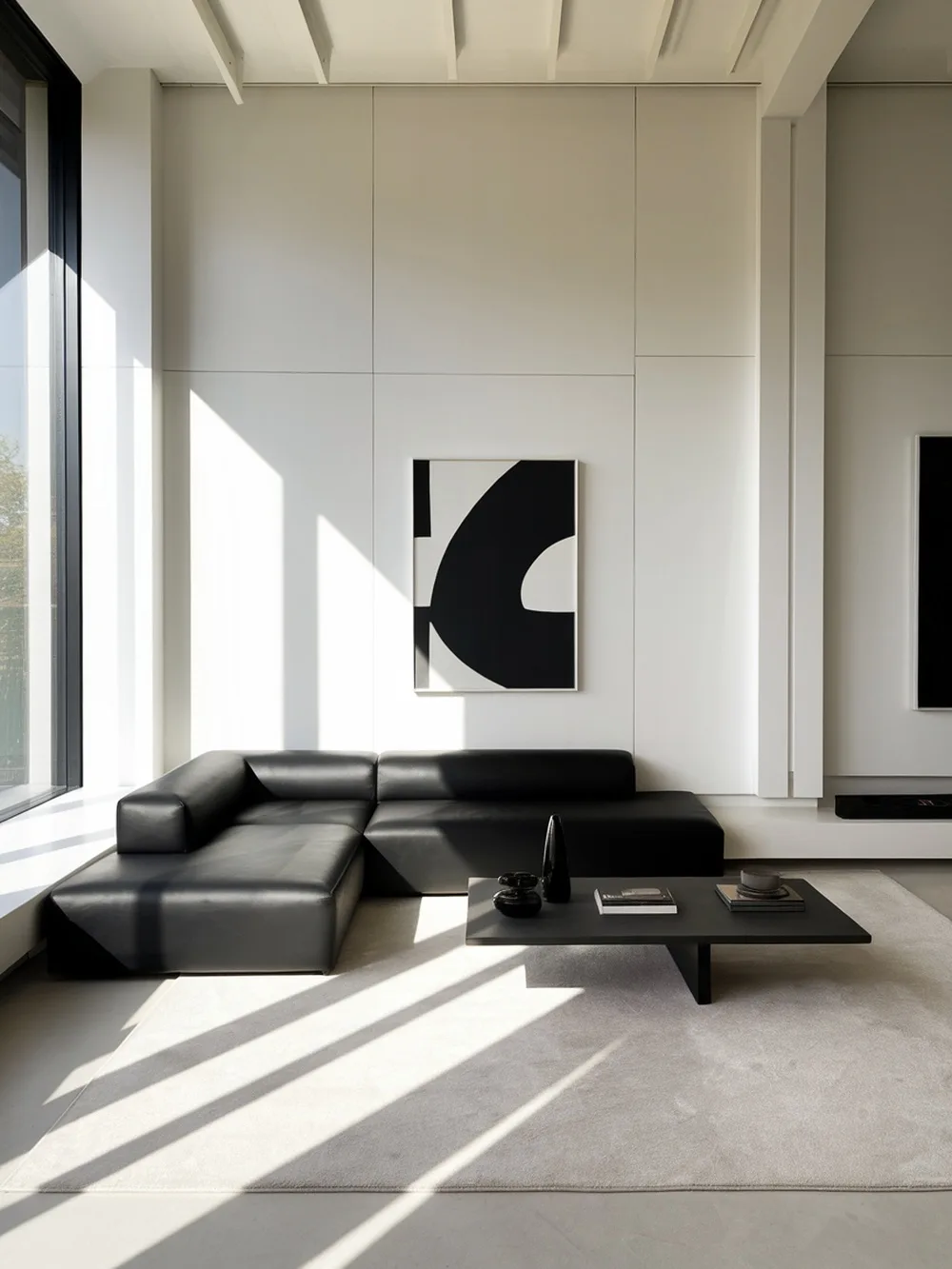 Minimalist living room featuring a black couch, light walls, and modern decor.