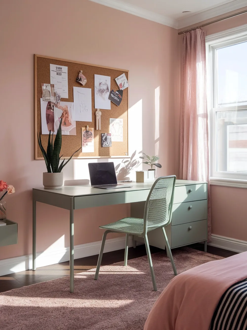 A cozy teen girl's bedroom workspace with a corkboard, desk, and soft pink walls.