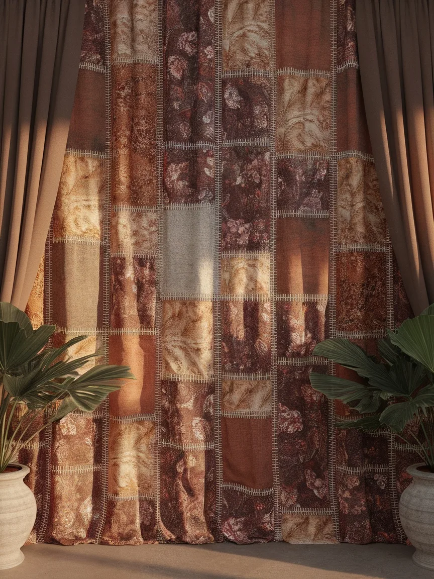 Colorful patchwork curtains made from vintage fabrics, allowing soft light to filter through.