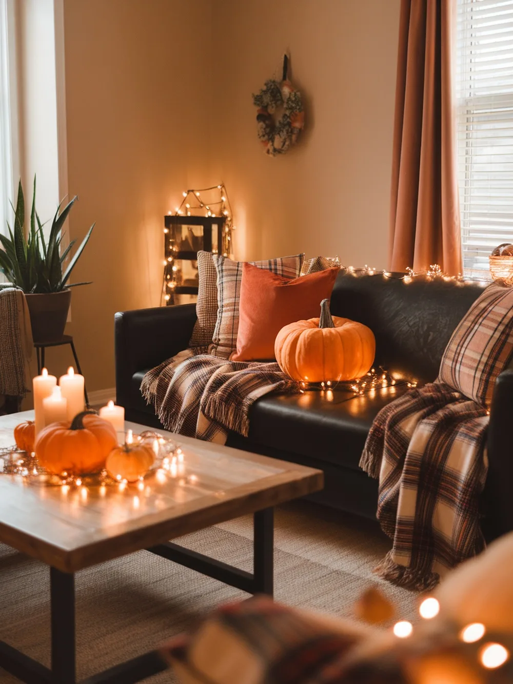 A cozy autumn-themed living room featuring a black couch adorned with pumpkins, blankets, and candles.