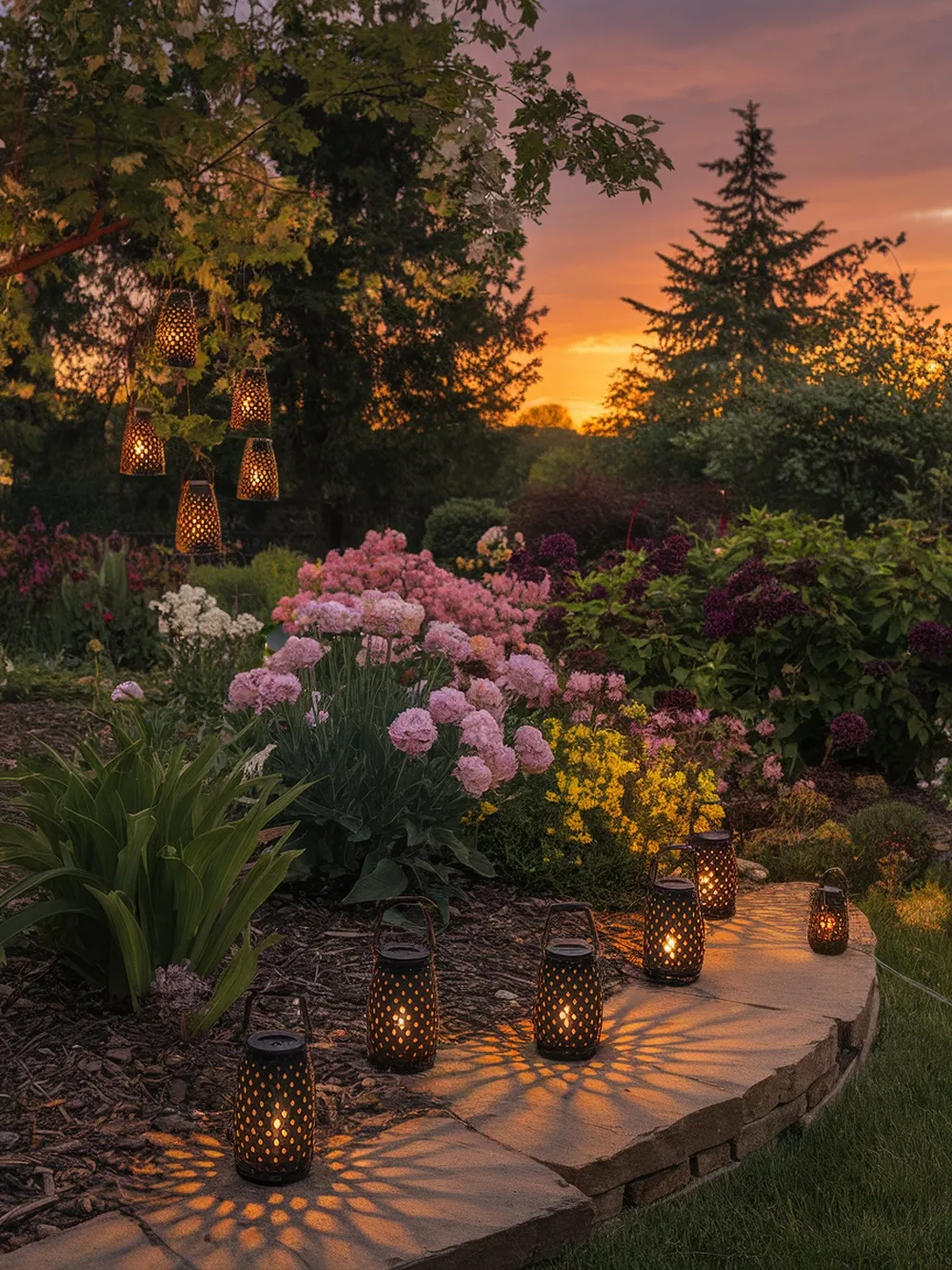 A beautiful garden scene with solar lanterns glowing among colorful flowers at sunset.