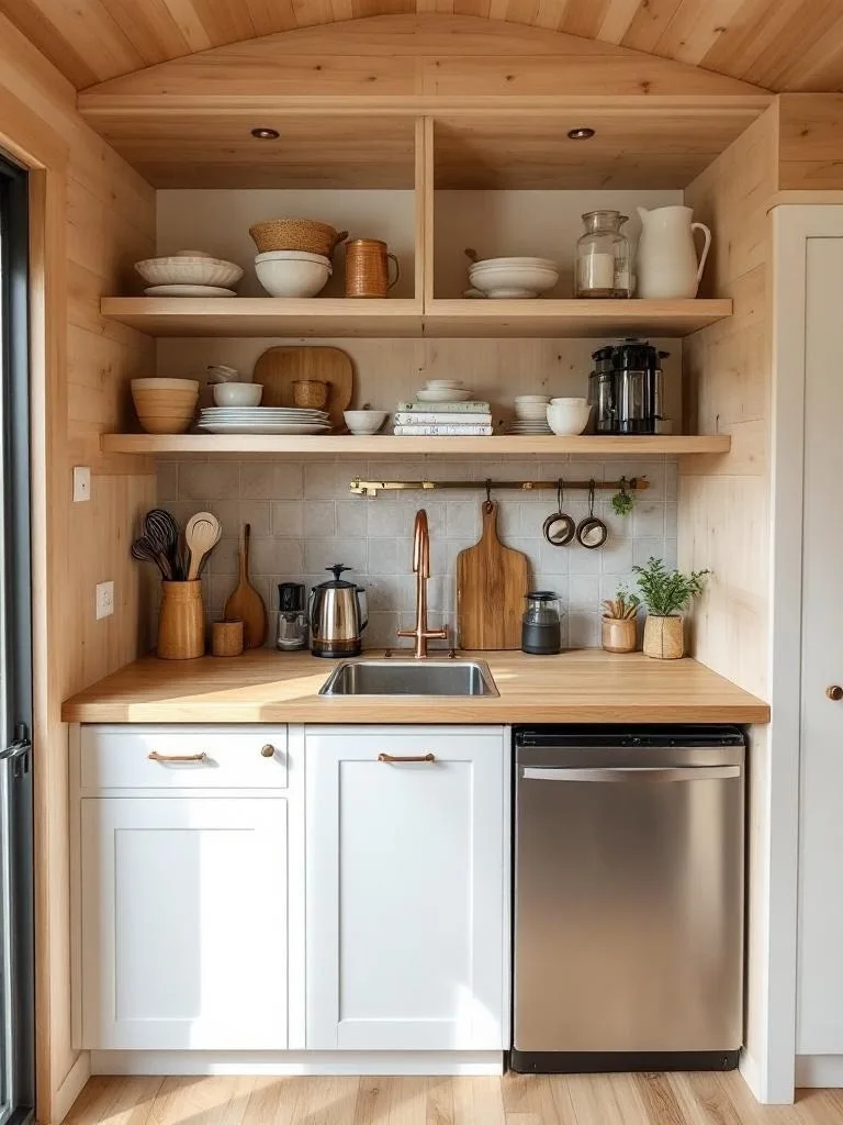 A cozy tiny house kitchen featuring wooden countertops, open shelving, and natural light.