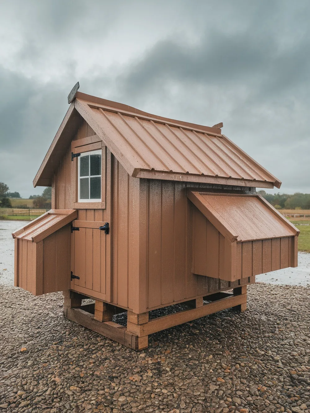 Weatherproof pallet chicken coop with sloped roof and elevated design