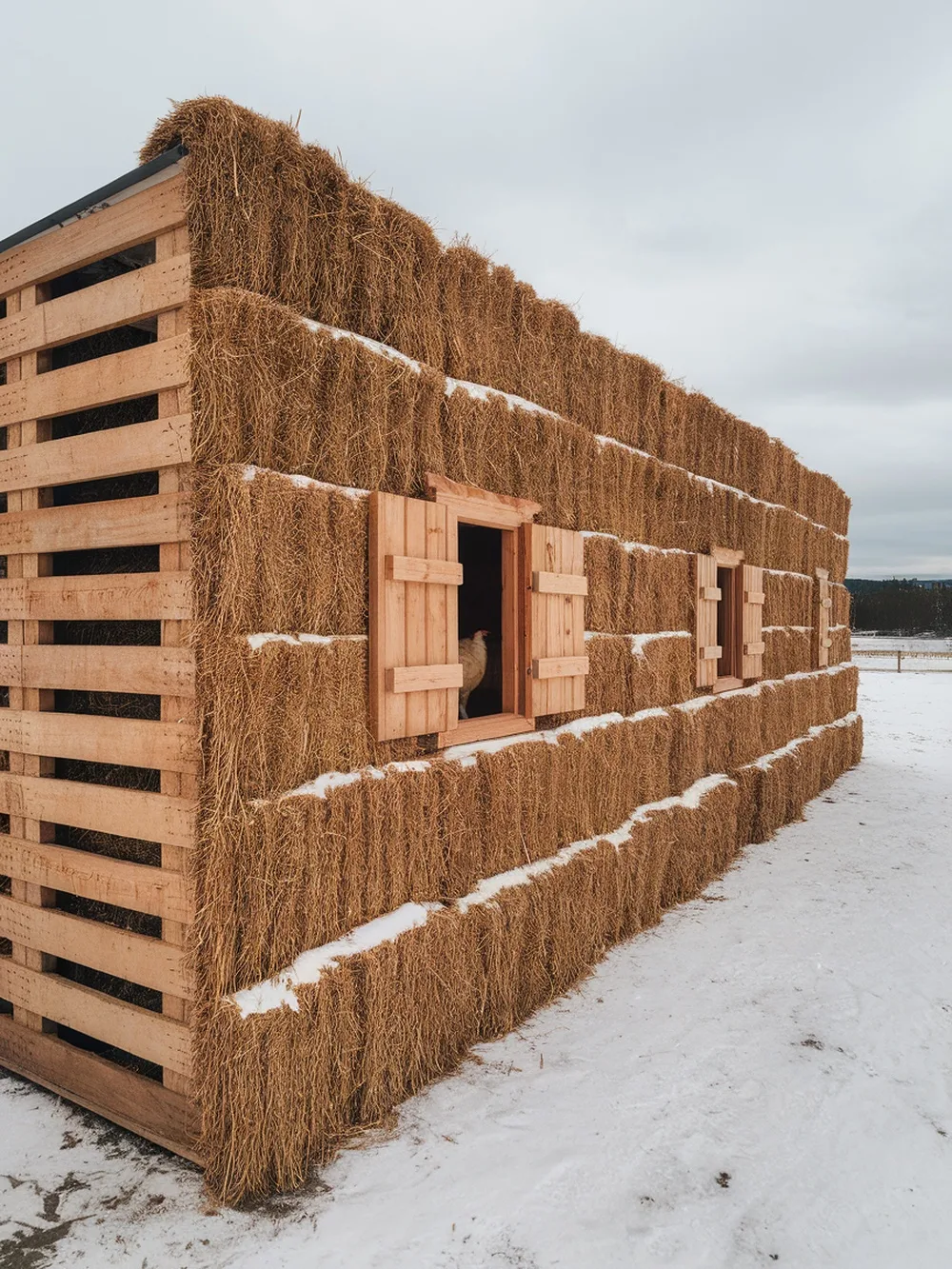 A winter-ready insulated chicken coop made from pallets and straw bales, set against a snowy landscape.