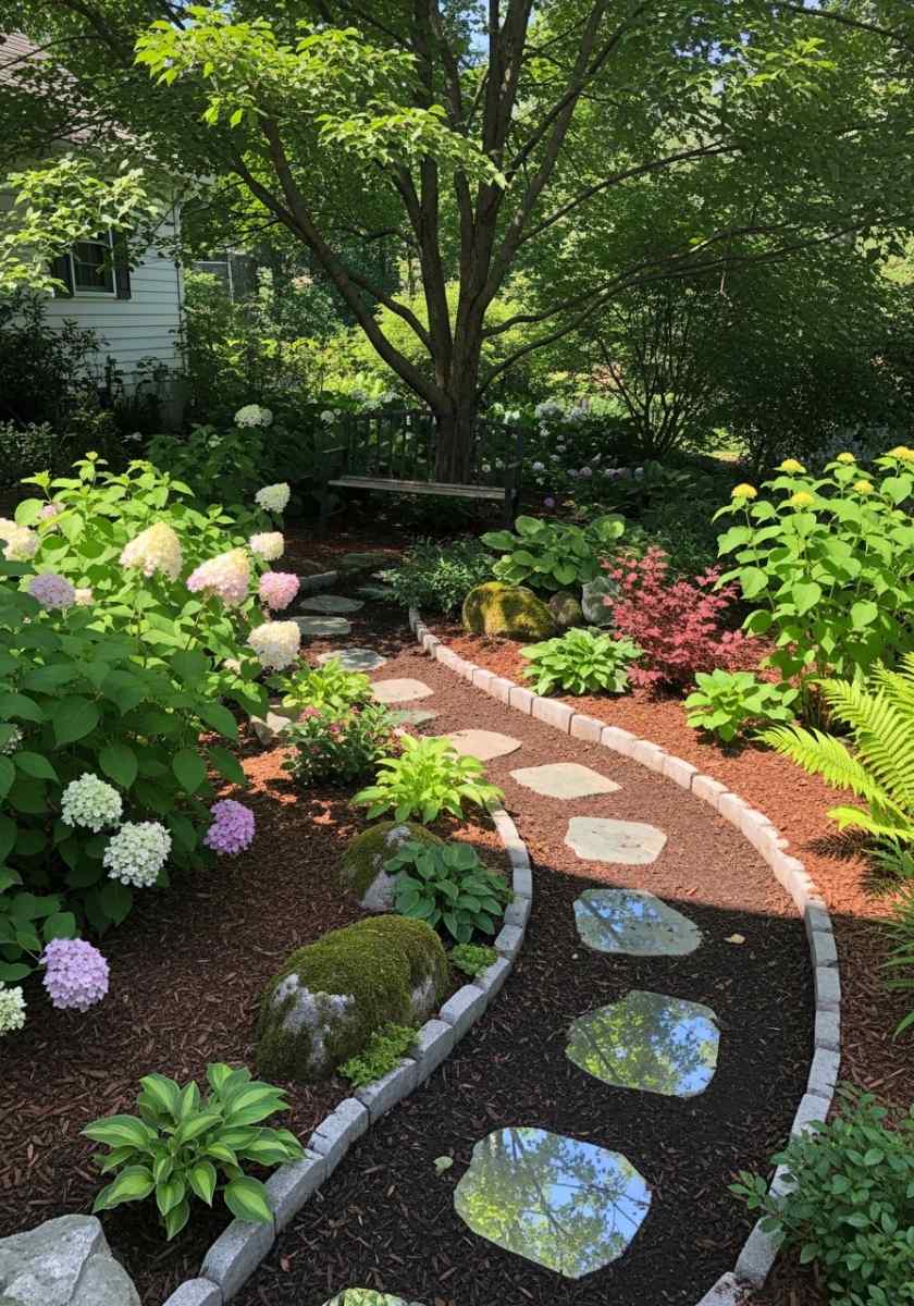 Hydrangea + Hostas Shade Tapestry for hydrangea landscape design ideas under giants