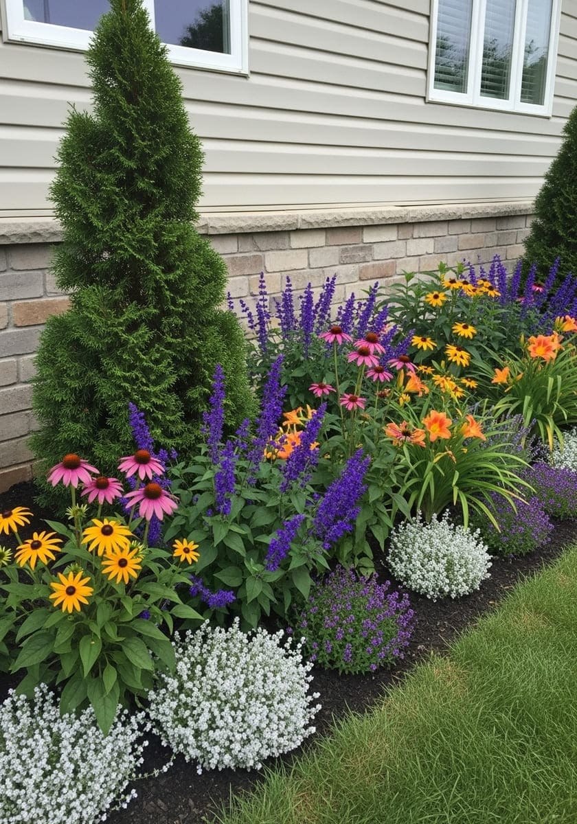 Layered foundation border for front yard flower beds with ideas for flower beds in front of house