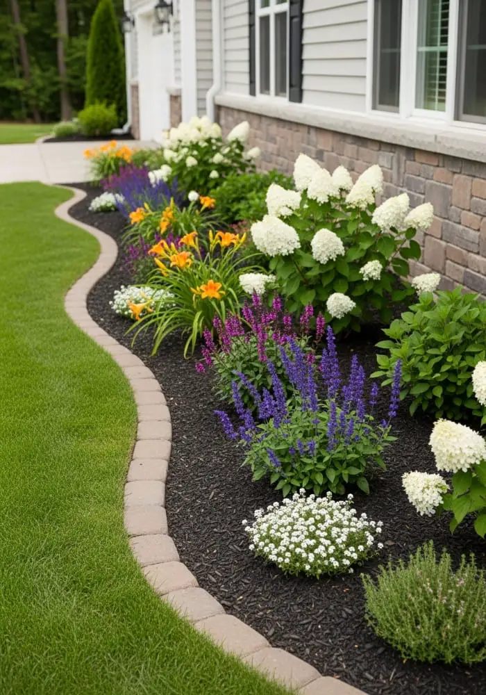 Layered foundation border for hydrangea landscaping ideas