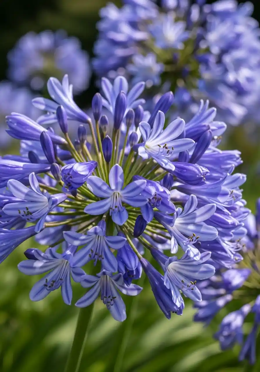 Agapanthus (violet-blue trumpet clusters)