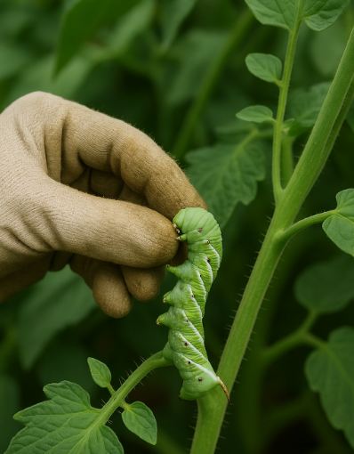 Hand removing hornworm from tomato plant